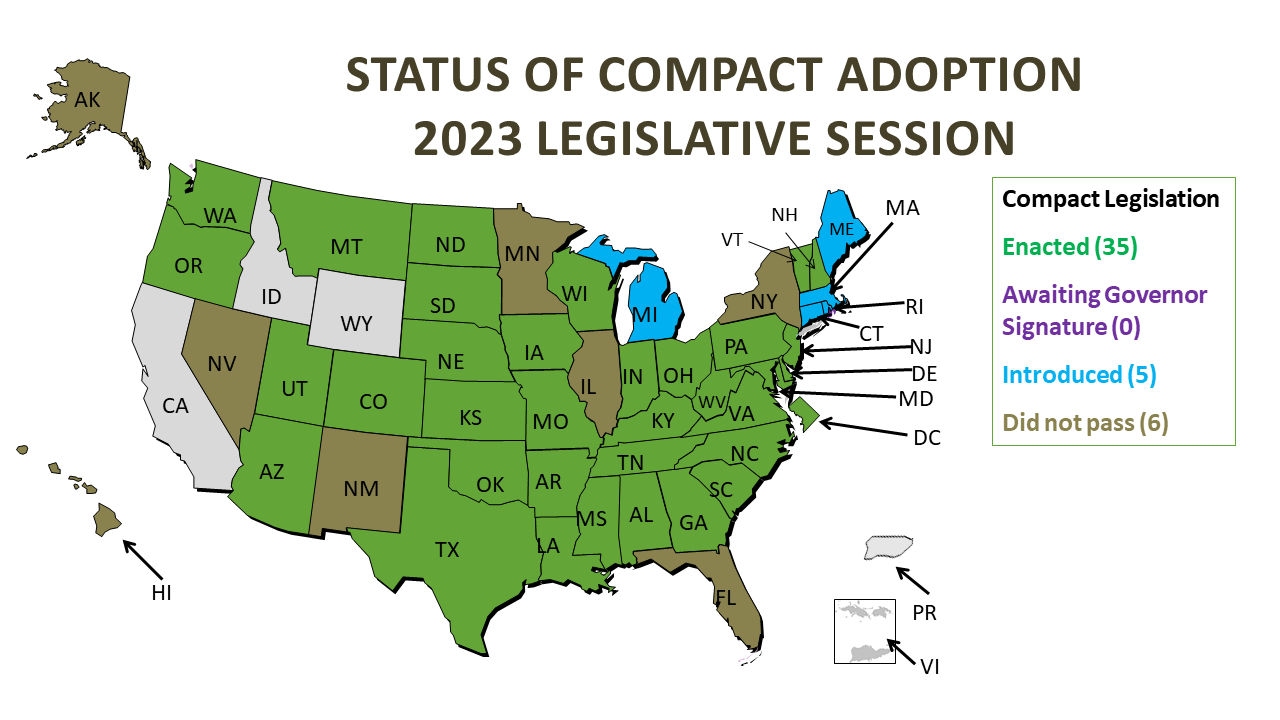 Map of the Status of Compact Adoption in the 2021 Legislative Session. Compact Legislation Enacted (26). Compact legislation awaiting governor signature (0). Compact Legislation passed on chamber (0). Compact legislation introduced (4). Session closed without passage (1).